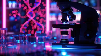 Fototapeta premium Modern laboratory with microscope and glowing DNA model, reflecting advancements in genetic research and biotechnology.
