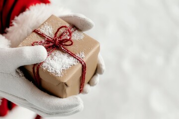 Santa Clause hand holding a gift box on white background