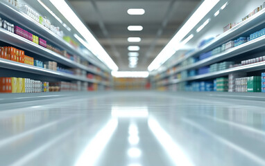 Blurry shopping shelves in supermarkets and department stores