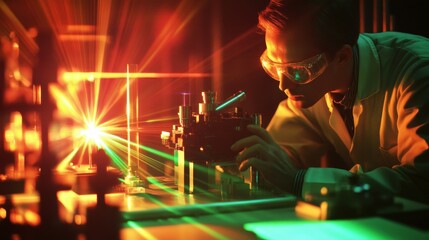 Scientist in lab coat and protective eyewear conducting laser experiment with green and orange light in high-tech laboratory.