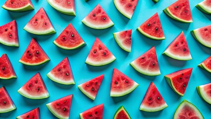 Fresh watermelon slices arranged in a vibrant summer pattern on a blue background , watermelon, slices
