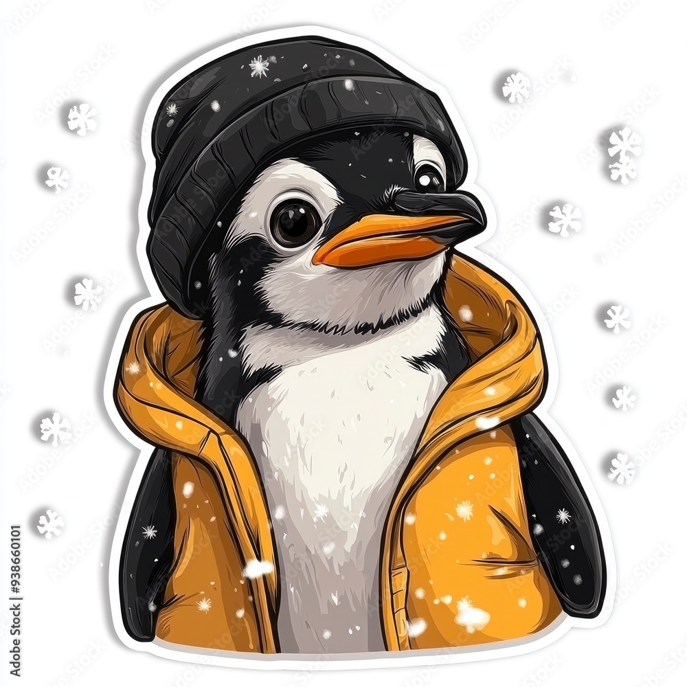 Canvas Prints penguin wearing a yellow jacket and a black beanie in the snow