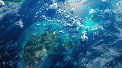 Fototapeta premium Stunning aerial view of Earth's vibrant landscape and crystal-clear waters from space, showcasing the planet's natural beauty and intricate formations.
