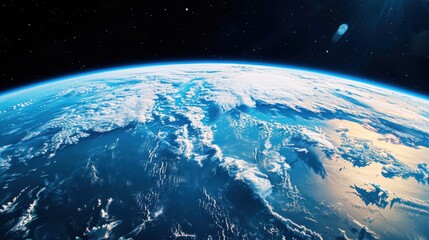 Stunning view of Earth from space showcasing the planet's curvature, atmosphere, and vibrant blue oceans under the vast expanse of space.