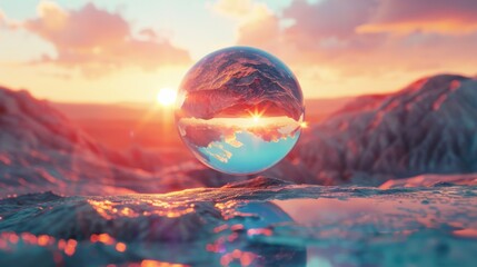 Surreal landscape at sunset with a reflective glass sphere floating above rocky terrain, capturing a vibrant sky and setting sun.