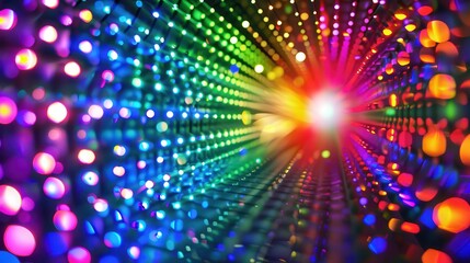 Fototapeta premium Vibrant multicolored light beams create an abstract pattern with a bright focal point, evoking a sense of energetic motion and brilliance.