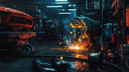 Welder working in a dimly lit garage with bright welding sparks flying, amidst tools and equipment, creating a dramatic industrial scene.