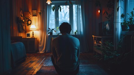 A solitary individual sits in a dimly lit room with plants and ambient lighting, creating a contemplative and serene atmosphere.