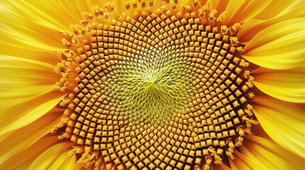 Close-up of a vibrant sunflower center showcasing intricate patterns and textures in vivid yellow hues. Ideal for nature and botanical themes.