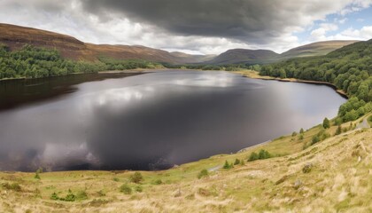  Tranquil lake nestled amidst lush hills under a dramatic sky