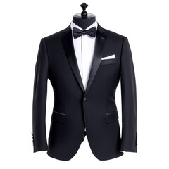 Elegant black tuxedo with bow tie on mannequin. Perfect for formal occasions, weddings, and special events