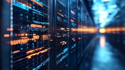 Server Rack with Blue and Orange Lights in Data Center