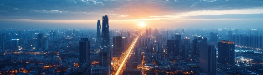 Fototapeta premium Aerial View of City Skyline at Sunset with Street Lights