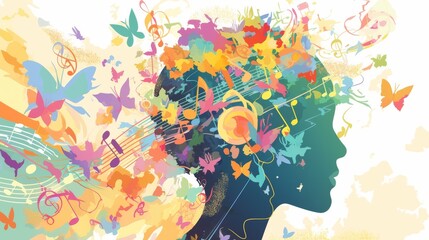 A creative illustration of a colorful head with music notes, brain waves, and butterflies floating around it on a white background