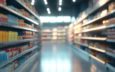 Blurry shopping shelves in supermarkets and department stores