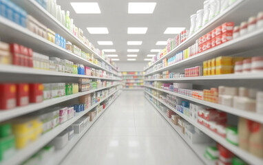 Blurry shopping shelves in supermarkets and department stores
