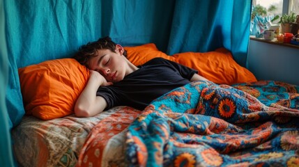 A male teenager is asleep in bed, wearing a black shirt and blue jeans, with orange pillows and a colorful blanket, the blue walls and curtains gently illuminated by natural light.