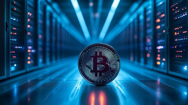 Bitcoin Cryptocurrency in Server Room with Blue Lights - Powered by Adobe