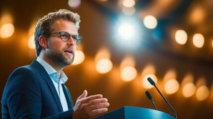 Young Businessman Speaker at Podium with Microphones and Blurry Lights