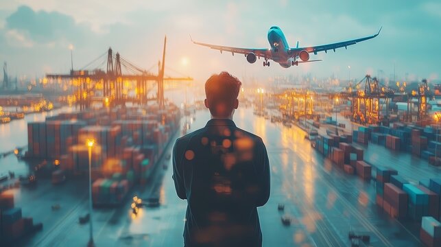 Man Looking At Airplane Taking Off Over Cargo Containers In Port - Powered by Adobe