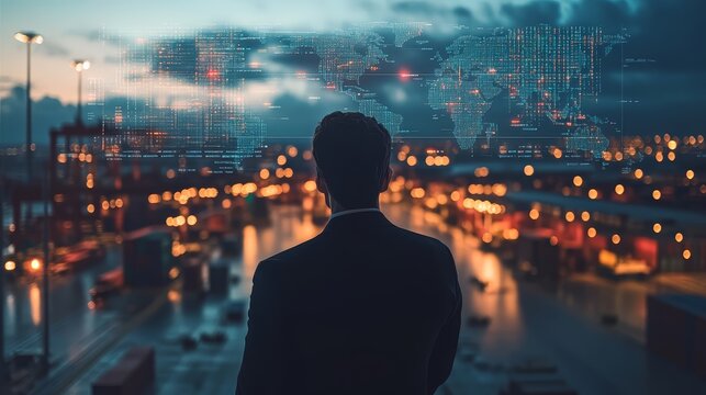Businessman Looking at Global Network with Data and Code Overlay - Powered by Adobe