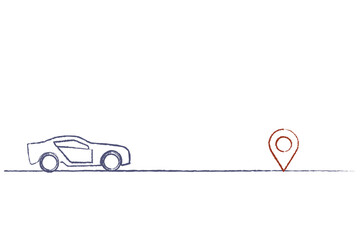 The movement of the car by GPS. A schematic blue car with a location. An isolated vector.
