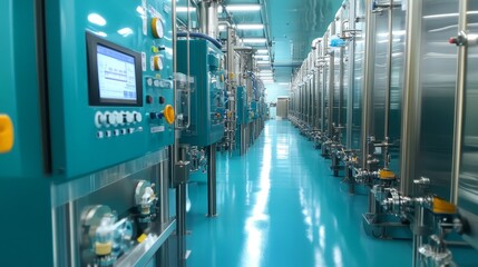 Modern Industrial Facility with Stainless Steel Tanks and Control Panels
