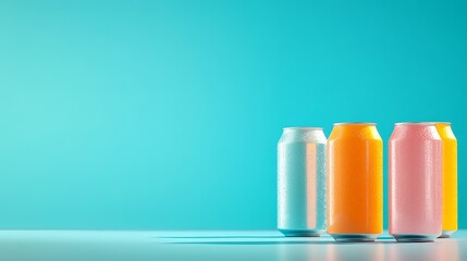 Cold Cans of Beverage on Blue Background