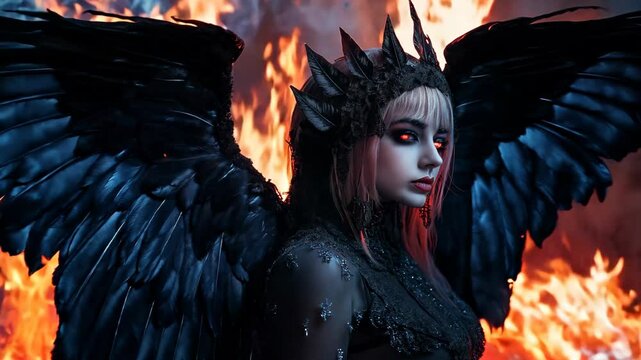 dark fantasy evil angel with black wings, burning hell as background