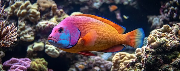 A 3D effect of a fish swimming out of a coral reef, with vibrant colors, 3D effect, fish, underwater