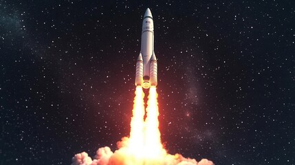 Naklejka premium A 3D effect of a rocket launching into space, with flames and smoke bursting out, 3D effect, rocket, space