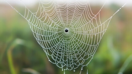 A 3D effect of a spider web with dew drops hanging from it, extending outwards, 3D effect, spider web, nature