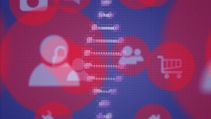 DNA strand animation with social media and shopping icons in background - Powered by Adobe