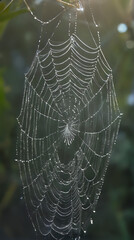 a close up of a spider web with water droplets on it
