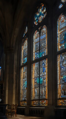 Fototapeta premium a view of a church with a stained glass window