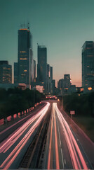 Fototapeta premium a view of a city with a highway and a train