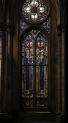 a close up of a stained glass window in a church