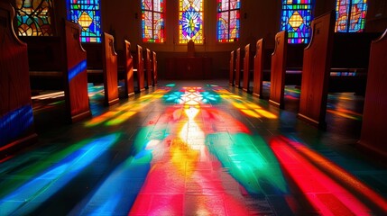 Obraz premium Serene Solitude: The Tranquil Beauty of an Uninhabited Chapel, Wooden Pews Bathed in Dappled Light from Stained Glass Windows, Reflecting a Peaceful Atmosphere
