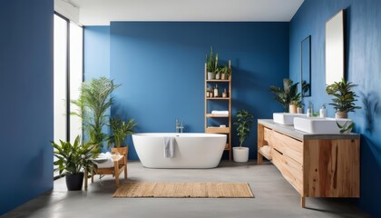  Elegant blue bathroom with modern fixtures and natural accents