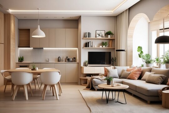 Pleasant studio apartment interior design, modern living room and kitchen