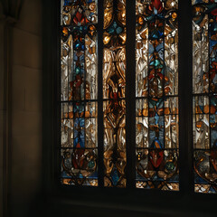a close up of a stained glass window with a cross in it