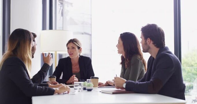 Happy business people, applause and meeting in office with announcement, bonus or profit at investment agency. Group, leader woman and team with celebration, success and cheers for financial revenue