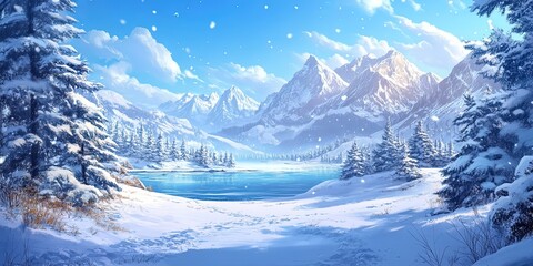 Obraz premium Enchanting anime-style winter wonderland featuring snow-capped mountains. Winter Marketing 2025, Seasonal Marketing, Fiction Story, Wallpaper, AI Generated