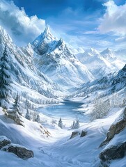 Enchanting anime-style winter wonderland featuring snow-capped mountains. Winter Marketing 2025, Seasonal Marketing, Fiction Story, Wallpaper, AI Generated