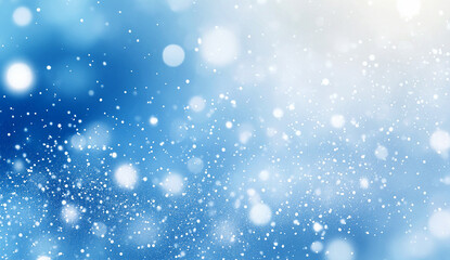 Fototapeta premium Light blue background with white bokeh lights, snowflakes falling, blurred background