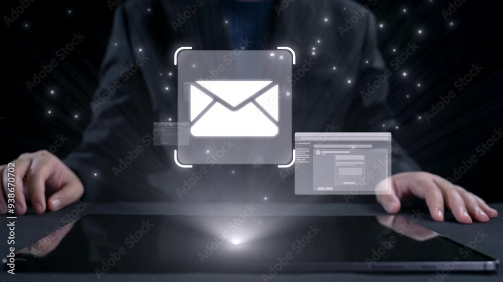 Poster business person checking email inbox, organizing and prioritizing messages for better productivity. 
