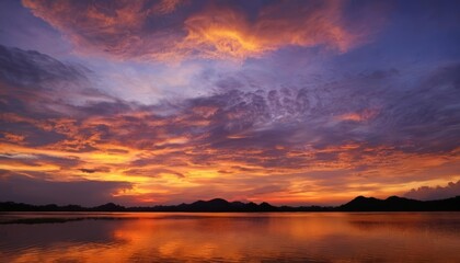 Naklejka premium Reflection of a fiery sunset on tranquil waters