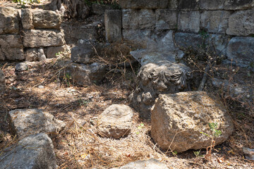 Stone  fragments of inner rooms of synagogue from 1st 2nd centuries AD near Beit Shearim necropolis near Kiryat Tivon city in the northern Israel