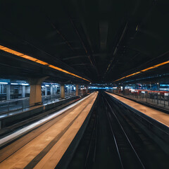 a train that is going down the tracks at night