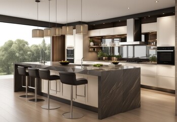 Residential interior of modern kitchen in luxury mansion, 3d rendering